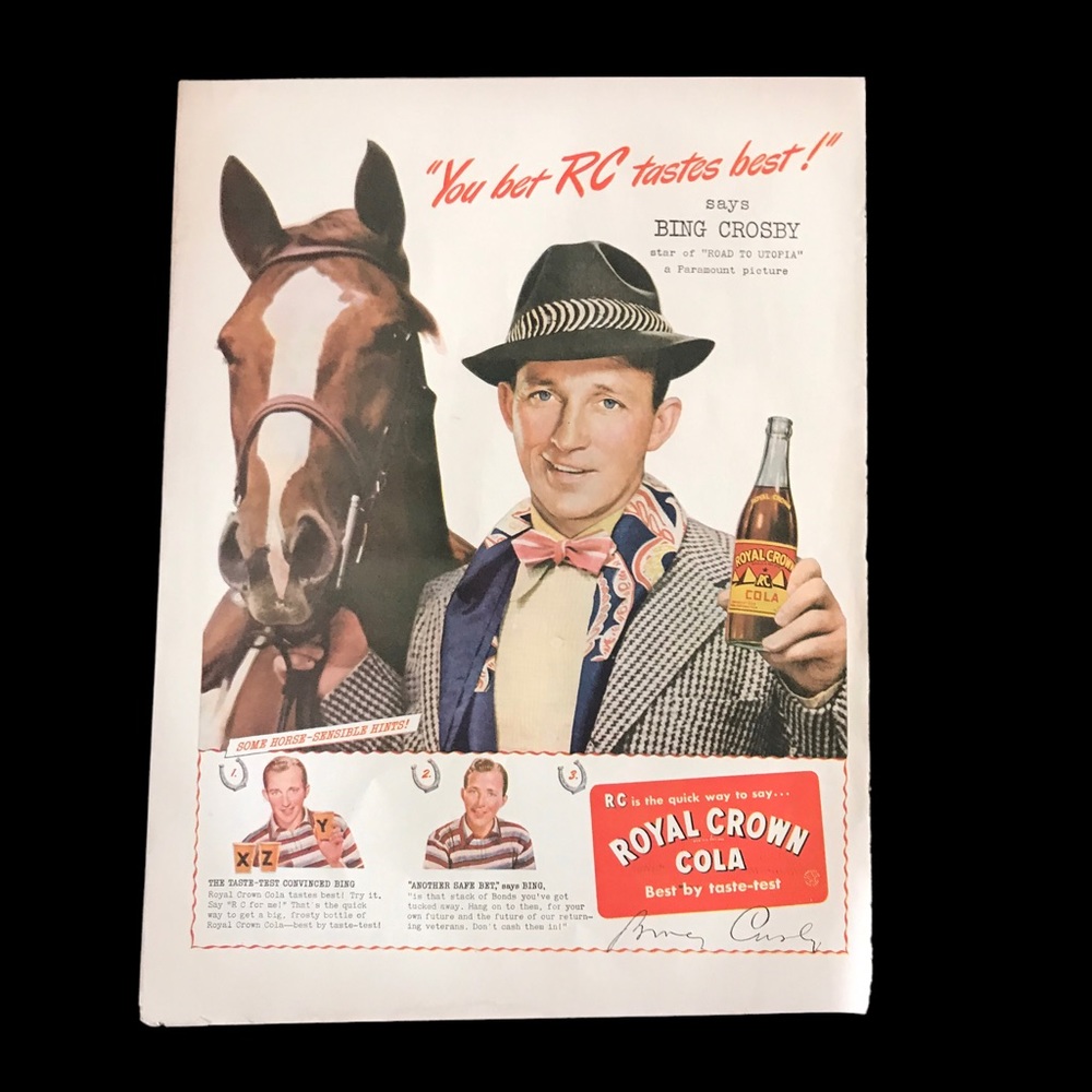 1940’s Vintage Royal Crown Cola Print Ad Bing Crosby